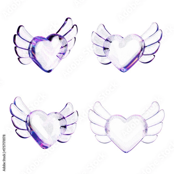 Fototapeta Set of four 3D rendered iridescent glass hearts with angelic wings. This collection of glossy, transparent flying heart icons is isolated on a white background for romantic and modern design concepts