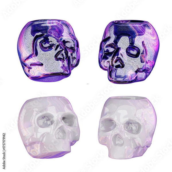 Fototapeta Two Different Skull-Shaped Glass Containers, One Clear and One Swirled with Purple and Blue Hues