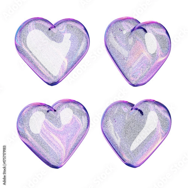 Fototapeta Captivating set of four iridescent heart shapes, shimmering with holographic reflections and a liquid glass texture, symbolizing love and affection with a modern, ethereal aesthetic
