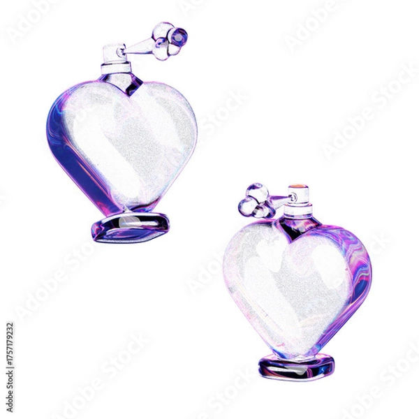 Fototapeta A duo of elegant heart-shaped glass perfume bottles with vintage atomizers, shimmering with iridescent colors. A romantic concept for love and beauty