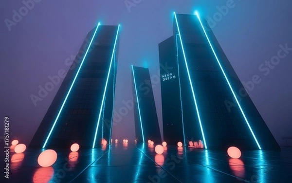 Fototapeta Futuristic neon lit monoliths pierce the foggy night sky casting vibrant blue and pink reflections on a wet reflective surface below