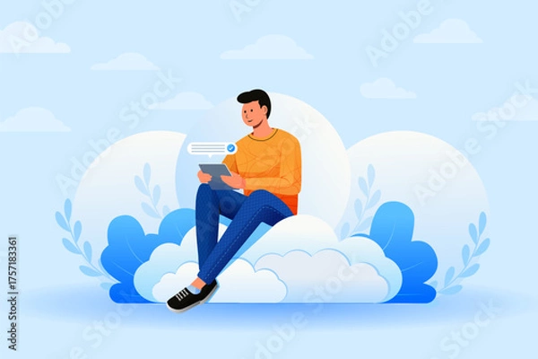 Fototapeta Man sitting on clouds using a tablet blue sky background