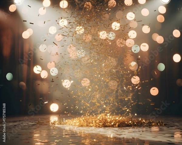 Fototapeta Golden glitter and confetti erupting in a dazzling display against a blurred background of warm bokeh lights