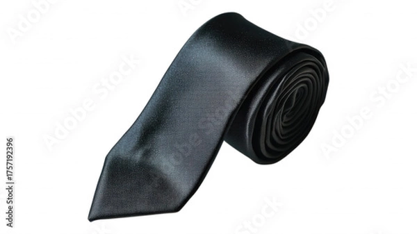 Fototapeta Close up of a shiny black tie rolled up on black background