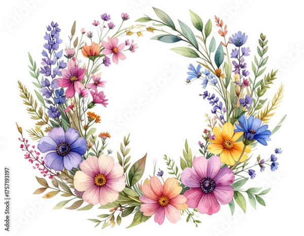 Fototapeta  Watercolor Wreath of Wildflowers in Soft Pastel Colors isolated on white background PNG