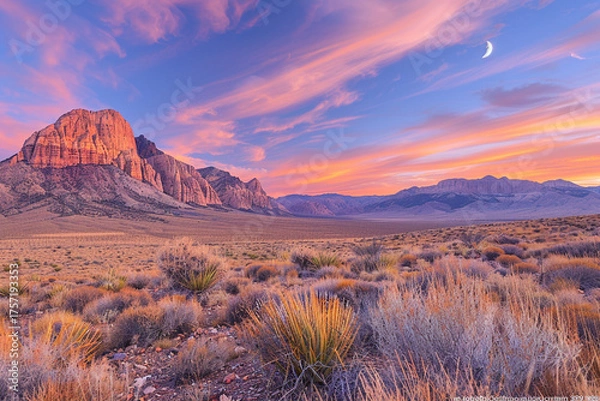 Fototapeta breathtaking beauty of desert landscape at dawn is enhanced by soft, delicate hues of pink and orange that fill sky as first light of day breaks, creating a serene and peaceful atmosphere   