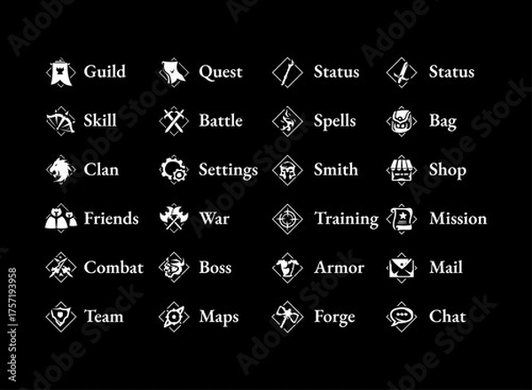Fototapeta Fantasy RPG game icons pack, elegant black and white UI symbols for guild, quest, battle, magic, and settings interface design elements.