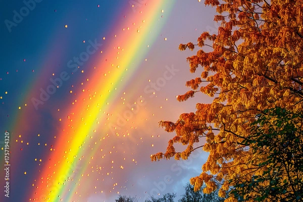 Fototapeta breathtaking rainbow in sky is a result of perfect combination of meteorological and atmospheric conditions, showcasing beauty of raindrops, sunlight, and optical phenomena in this mesmerizing natural
