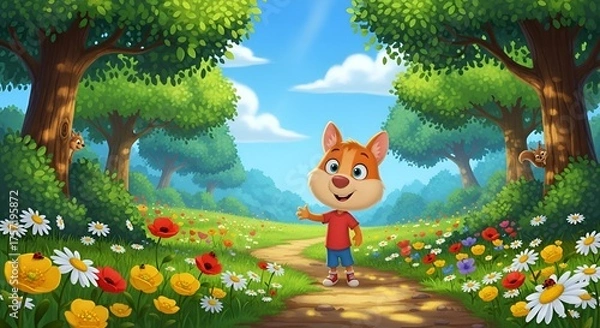Fototapeta Cartoon fox waving on a path through a flower filled meadow with trees and squirrels in the background