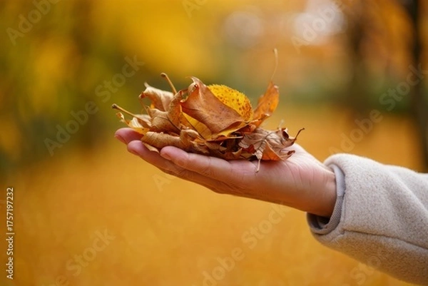 Fototapeta A Handful of Autumn Leaves: The Beauty of Nature Captured in Vibrant Colors and Textures Amidst a Golden Landscape