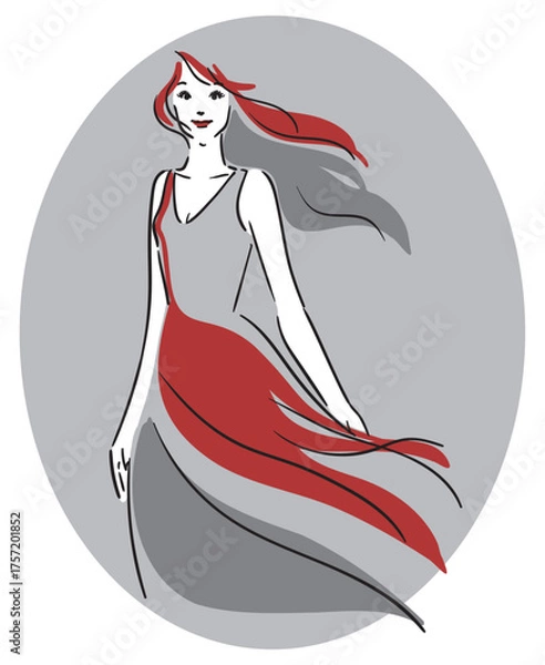 Obraz 楕円グレー背景、ロングヘア、赤いドレスの女性