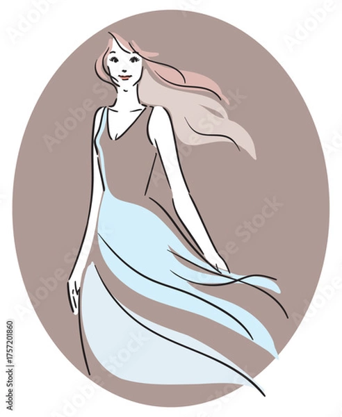 Obraz 楕円くすみピンク背景、ロングヘア、ブルーのドレスの女性