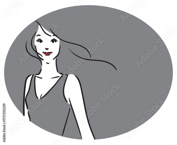 Obraz 楕円グレー背景、ロングヘア、グレーのドレスの女性上半身