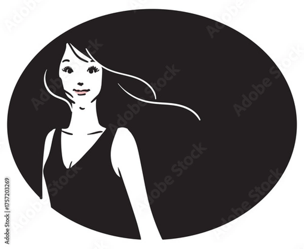 Obraz 楕円ブラック背景、ロングヘア、黒いドレスの女性上半身