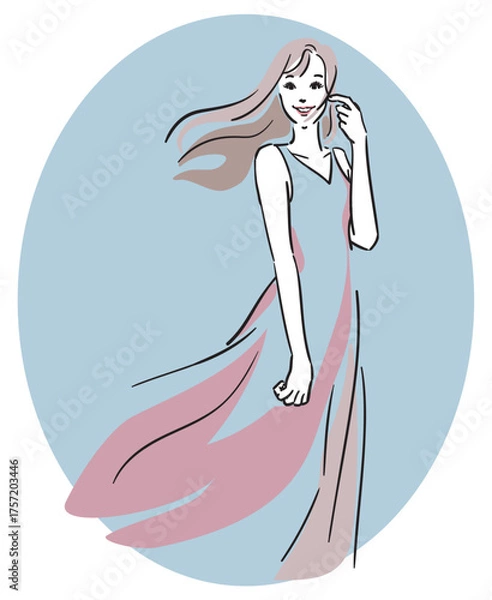 Obraz 楕円くすみブルー背景、ロングヘア、ピンクのドレスの女性