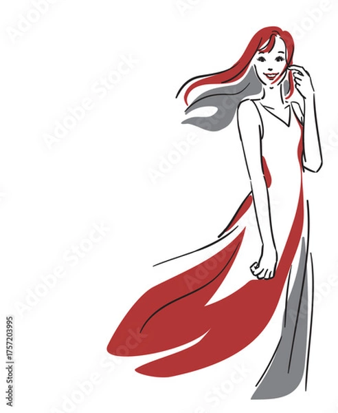 Obraz 美容イメージ背景透過、ロングヘア、赤いドレスの女性