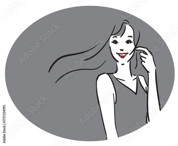 Obraz 楕円グレー背景、ロングヘア、グレーのドレスの女性上半身