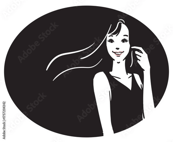 Obraz 楕円ブラック背景、ロングヘア、黒いドレスの女性上半身