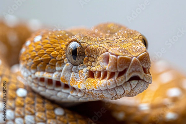 Fototapeta Detailed close-up image of a snake on a plain white background, perfect for educational materials and articles focusing on reptiles, showcasing the intricate patterns and textures of the snake's skin 