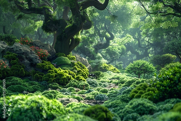 Fototapeta diverse forest landscape showcases a range of elements, including majestic trees, lush moss-covered rocks, and vibrant wildlife, all coming together to emphasize intricate beauty and complexity of eco