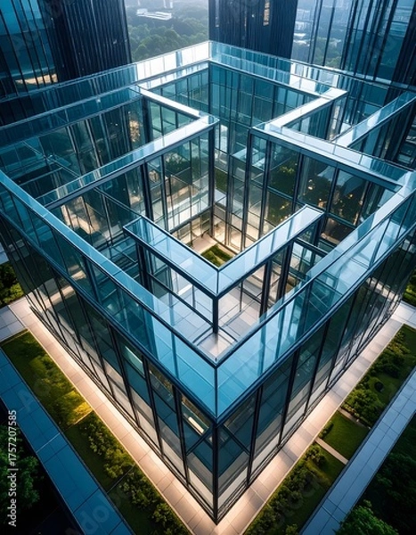 Fototapeta Elevated View of Glass Maze Within Modern Building Complex