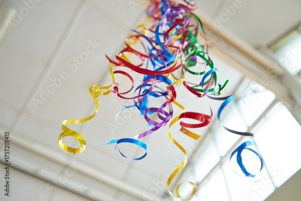 Fototapeta Colorful Streamers Cascading from Above, Creating a Festive Atmosphere in a Bright and Open Space