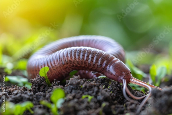 Fototapeta Emphasizing vital relationship between soil worms and earth, these creatures play a crucial role in enhancing soil health by aerating ground and promoting circulation of essential nutrients, ultimatel