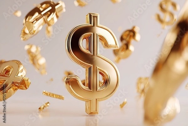 Fototapeta Golden dollar symbols in 3D style suspended in space with white background, ideal for banking visuals, savings campaigns, digital marketing and money themed projects