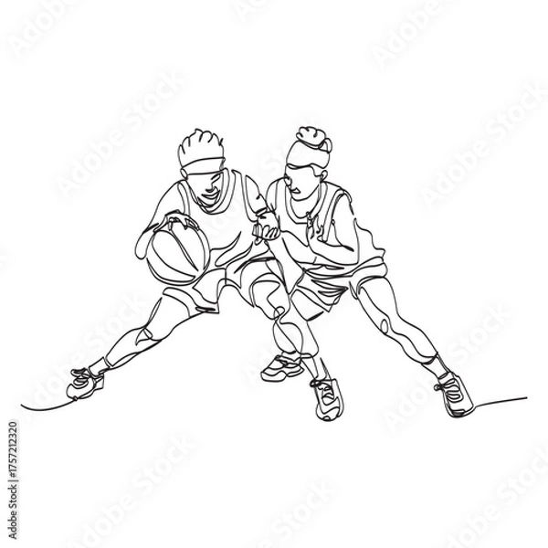 Fototapeta Continuous vector line art depicting a female couple playing basketball, the players stretching in a defensive action. Single line drawing graphic.