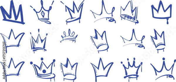Obraz Collection of Graffiti-Style Blue Crowns on White Background