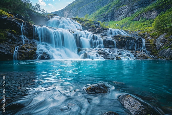 Fototapeta Experience breathtaking and untouched splendor of Norwegian waterfalls, with their powerful cascading streams, majestic cliffs, and picturesque natural surroundings that define beauty of these Nordic 