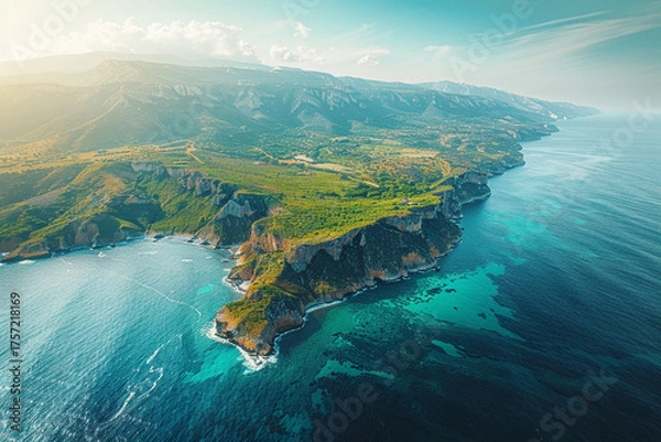 Fototapeta Experience breathtaking beauty of a peninsula from a bird's eye view, with expansive panoramas, detailed coastlines, and a feeling of adventure and amazement that comes from seeing world from a higher