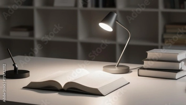Fototapeta Desk lamp illuminating open book in study room.