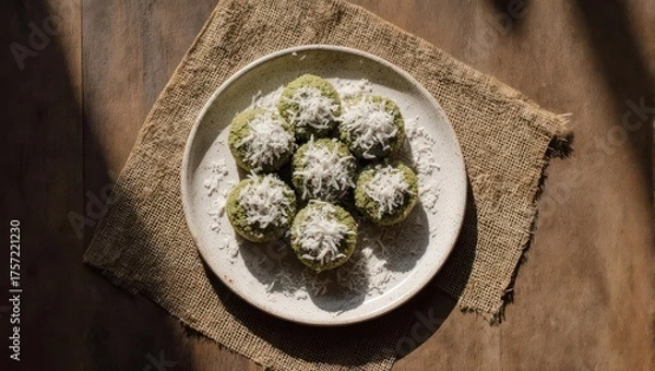 Fototapeta Delicious Matcha Balls on a Plate with Coconut Topping.