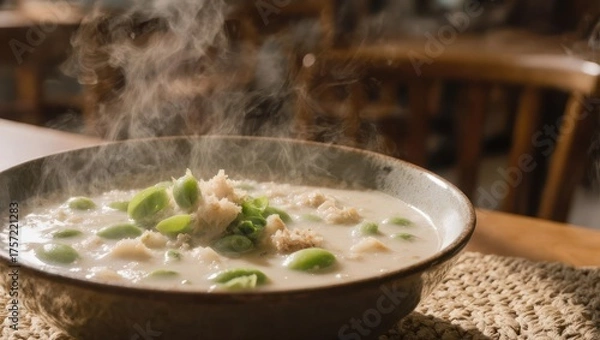 Fototapeta Bowl of Steaming Lima Bean Soup on a Woven Mat.