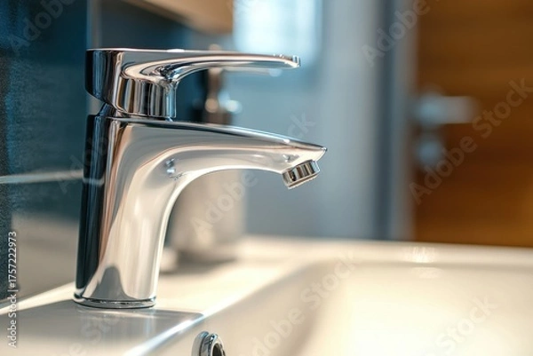 Fototapeta Modern chrome faucet close up in bathroom sink with shiny surface reflecting light and blurred background creating calm atmosphere