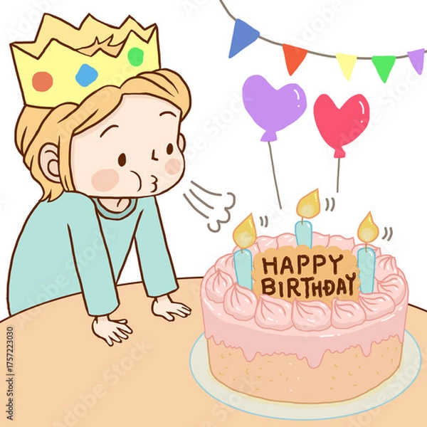 Fototapeta 誕生日ケーキのろうそくを吹き消そうとする子供