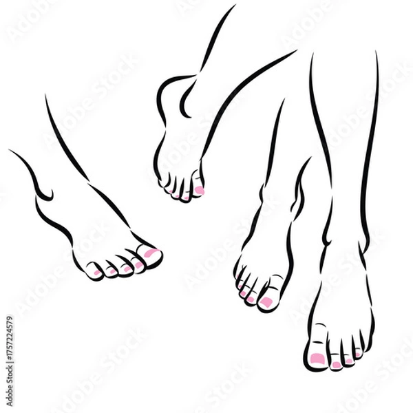 Fototapeta Minimalist black and white line drawing illustration of human feet various poses scalable vector art silhouette vector illustration white background