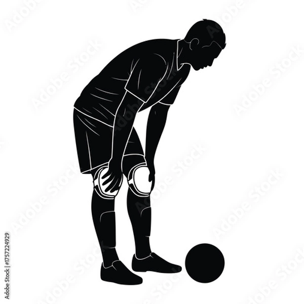 Obraz Silhouette vector illustration of a soccer player bending down exhausted next to a soccer ball silhouette vector illustration white background