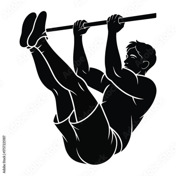 Fototapeta Silhouette illustration of a muscular man performing a hanging leg raise exercise on a pull-up bar silhouette vector illustration white background