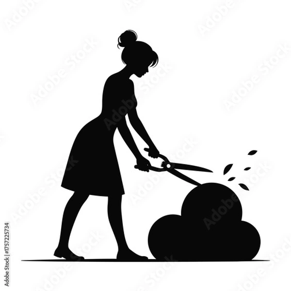 Fototapeta Silhouette illustration of a woman gardening with shears shaping a bush vector scalable eps icon silhouette vector illustration white background