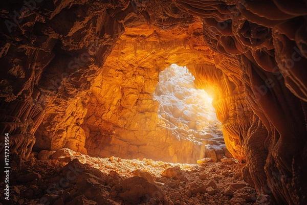 Fototapeta Experience magical and awe-inspiring atmosphere of an underground cave, where you can immerse yourself in tranquil silence, refreshing cool air, and feeling of being surrounded by earth's depths   