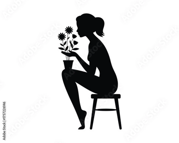 Fototapeta Silhouette illustration of a woman tending to flowers in a pot on a stool scalable vector graphic silhouette vector illustration white background
