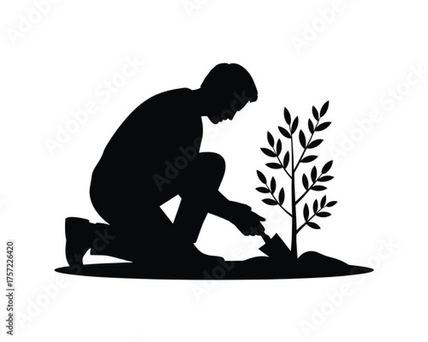 Fototapeta Silhouette vector illustration of a person planting a tree seedling for sustainable growth and environmental care silhouette vector illustration white background