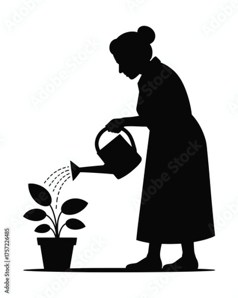 Fototapeta Vector silhouette illustration of a person watering a potted plant scalable eps graphic for versatile design use silhouette vector illustration white background