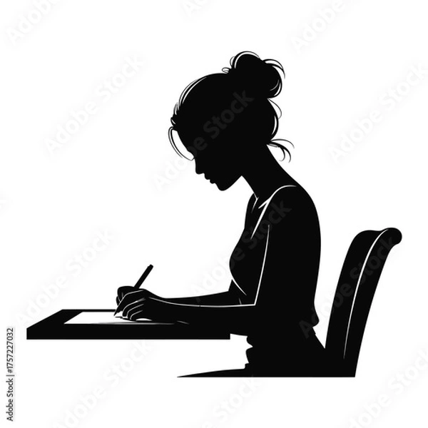 Fototapeta Silhouette vector illustration of a young woman writing at a desk scalable eps graphic for design projects silhouette vector illustration white background