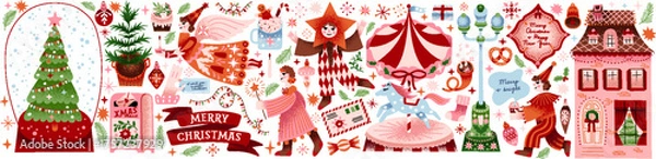 Fototapeta Whimsical vintage Christmas  illustration with festive characters, carousel with a horse, snow globe, arlequin, letter, carnival, postbox, house, gift, tree. Retro holiday art for greeting card, iсons