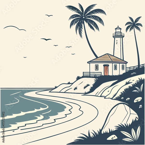 Fototapeta Vintage Illustration of a Lighthouse on a Tropical Beach with Palm Trees