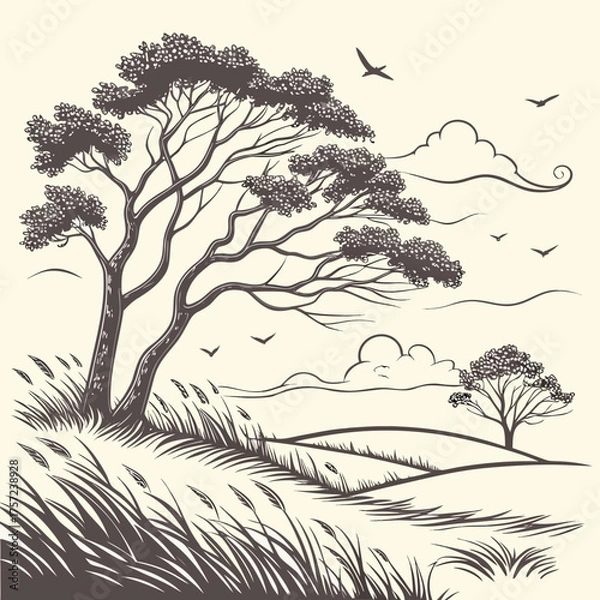Fototapeta Classic Engraving Style Landscape with Trees and Birds