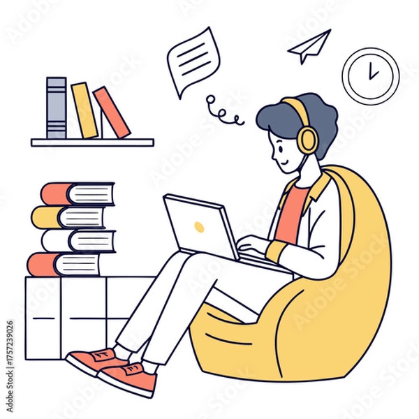 Fototapeta Student learning remotely from home with a laptop and headphones